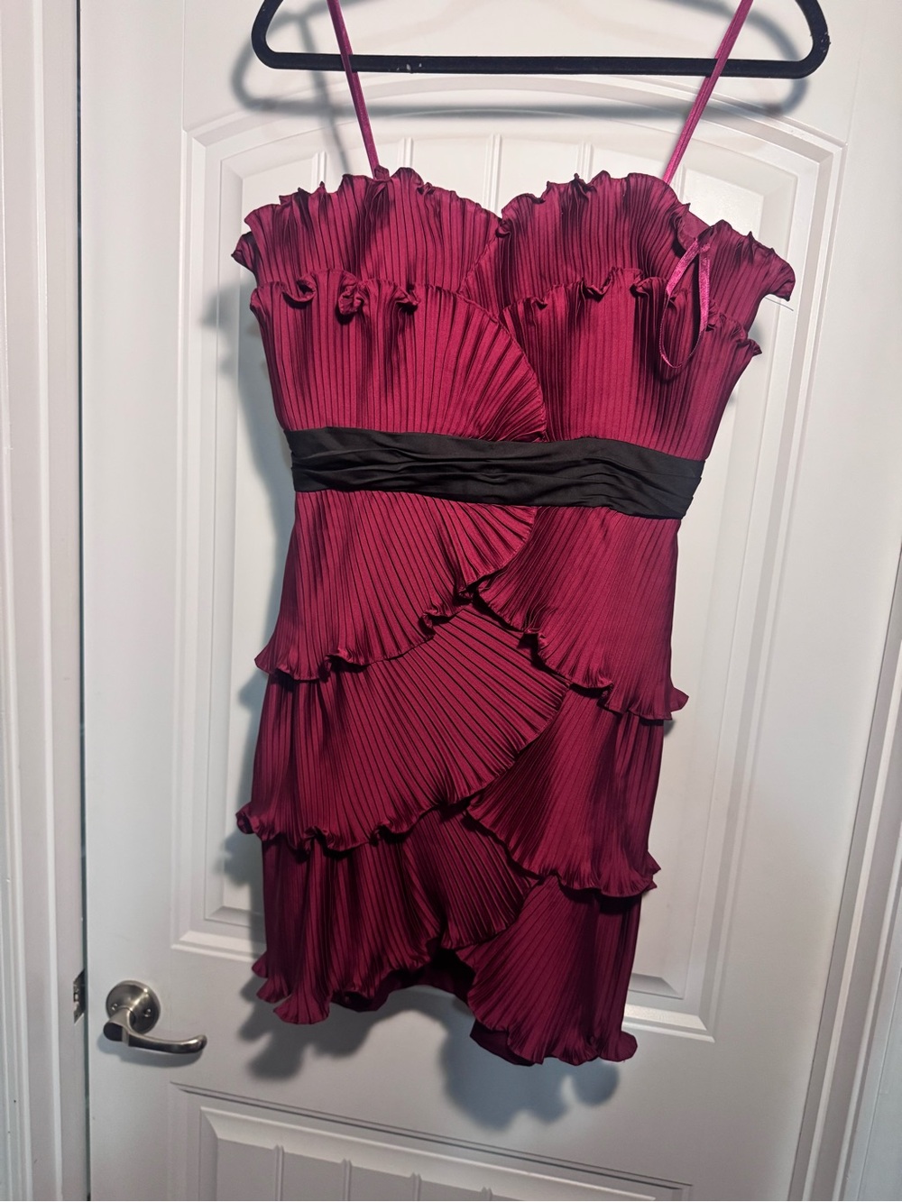Pleated Ruffle Spaghetti-Strap Dress in Burgundy